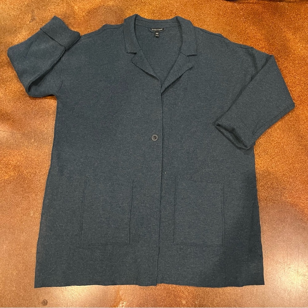 Eileen Fisher Deep Teal Open-Front Wool-Blend Cardigan